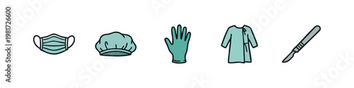 Medical Surgery Icons Set featuring Protective Mask Surgical Cap Glove Hospital Gown and Scalpel