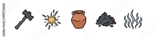 Blacksmithing and Crafting Tools Icons Set including Hammer Sparks Clay Pot Coal and Smoke