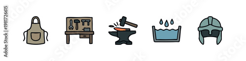 Blacksmith Shop Icons: Apron, Tools, Anvil, Quenching, Helmet