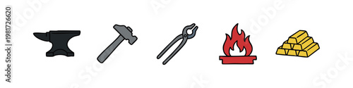 Blacksmithing Icons: Anvil, Hammer, Tongs, Fire, Gold Bars