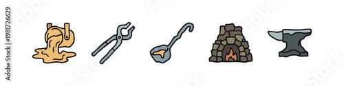Metal Pouring Icons: Furnace, Tongs, Ladle, Anvil