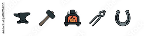 Blacksmithing Equipment Icons: Forge, Tongs, Horseshoe, Anvil