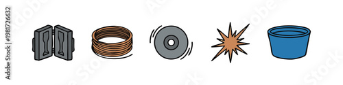 Foundry and Metal Casting Icons: Mold, Coil, Disc, Spark, Bucket