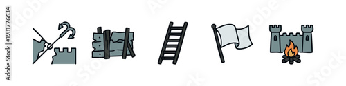 Tableau sur toile Castle Defense Icons: Hook, Boarded Wall, Ladder, Flag, Burning Castle