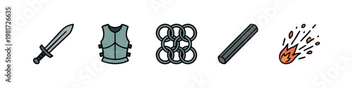 Medieval Combat Gear Icons: Sword, Vest, Chainmail, Bar, Meteor