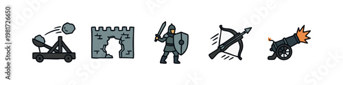 Medieval Warfare Icons: Catapult, Broken Wall, Knight, Crossbow, Cannon