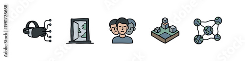 Virtual Reality and Metaverse Icons: VR Goggles, Portal, Person, Blocks, Network
