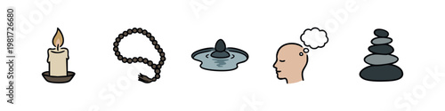 Mindfulness and Meditation Icons: Candle, Beads, Stone, Head, Stack
