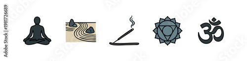 Zen Meditation Icons: Figure, Garden, Incense, Chakra, Om