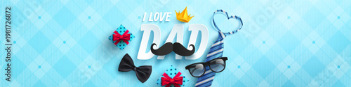 Happy Father's Day poster or banner template with necktie,glasses and gift box on blue.Greetings and presents for Father's Day in flat lay styling.Promotion and shopping template for love dad concept