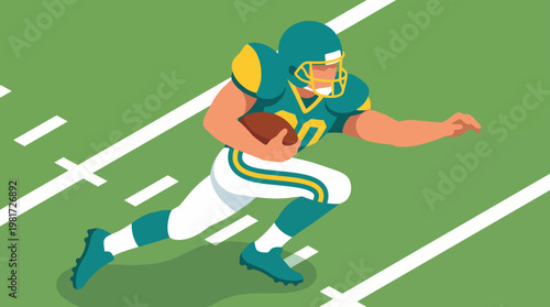 A dynamic illustration showcasing a football player in motion, embodying athleticism and teamwork on the field, perfect for sports-related branding and advertising.