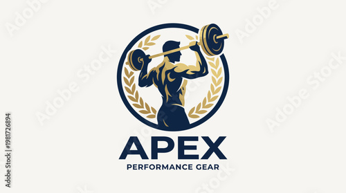 A dynamic logo featuring a muscular figure lifting weights, representing fitness, strength, and performance for athletic apparel and gear brands in the wellness industry.