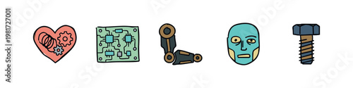 Humanoid Robot Components and Mechanical Heart Icon Collection