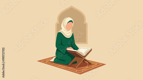 A Muslim woman in modest dress is focused on reading a religious text, illustrating spirituality, devotion, and cultural significance in a serene setting.