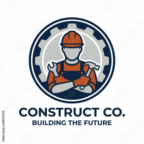 A strong logo for 'Construct Co.', featuring a builder icon holding tools, symbolizing hard work, dedication, and the construction industry's future-oriented vision.