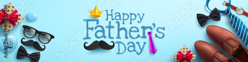 Happy Father's Day poster or banner template with necktie,glasses and gift box on blue.Greetings and presents for Father's Day in flat lay styling.Promotion and shopping template for love dad concept