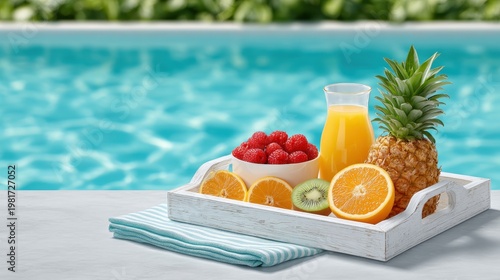 Breakfast tray with tropical fruits and orange juice on table by swimming pool