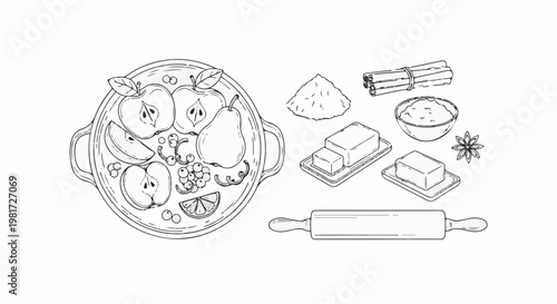 Hand-drawn ingredients for baking a fruit pie in a dish