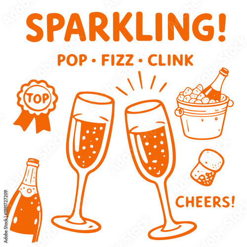Sparkling champagne doodle illustration with glasses bottle ice bucket and celebration elements
