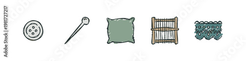 Dressmaking and Sewing Icons Set, Craft Supplies Fabric Needles Hand Drawn Doodles