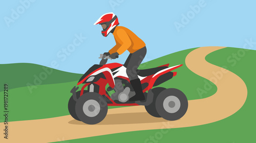 An exciting scene of a quad biker riding on a dirt trail, representing adventure, freedom, and outdoor excitement in nature.
