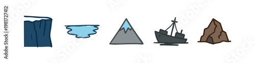 Colored Hand Drawn Nature Icon Set Featuring Mountain Cliff Cave and Shipwreck
