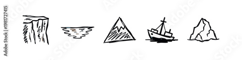 Arctic and Nautical Icons: Ice Cliff, Water Ripples, Mountain, Shipwreck, Iceberg