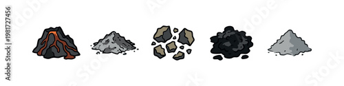 Volcano and Geology Icons: Volcano, Lava, Ash, Rocks, Coal