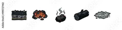 Combustion and Ash Icons: Soil Layer, Coals, Hot Charcoal, Burnt Log, Ash Pile