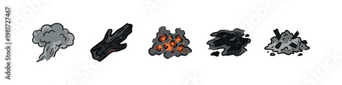 Fire and Ash Icons: Smoke, Burned Wood, Embers, Charcoal, Rubble