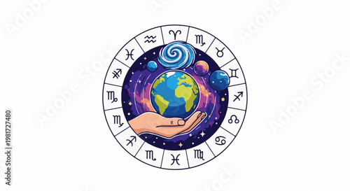 Hand holding Earth amidst zodiac, planets, and galaxy swirl