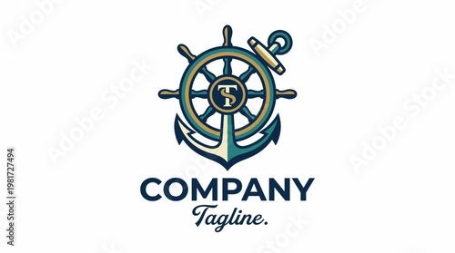 A classic nautical logo featuring a ship's wheel and anchor symbolizes strength, guidance, and stability. This image is ideal for marine and nautical themed businesses.