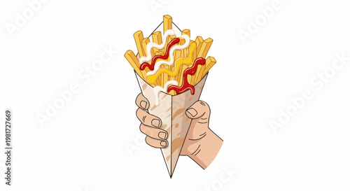 Hand holding paper cone overflowing with french fries, drizzled with ketchup and mustard