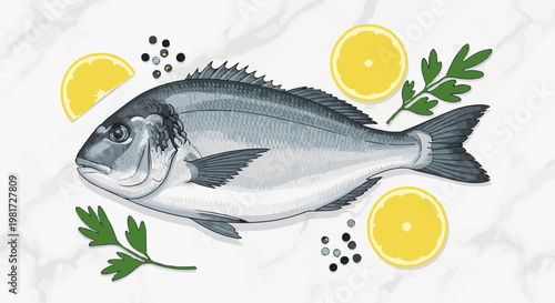Fresh fish with lemon slices, parsley sprigs, and peppercorns on marble
