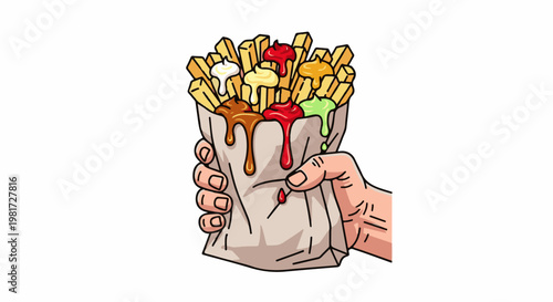 Hand holds bag of french fries dripping with colorful sauces
