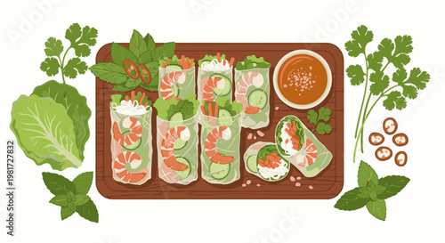 Fresh spring rolls with shrimp, vegetables, and dipping sauce on a board
