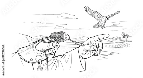 Illustrative set depicting arabian men with falcons and traditional architecture