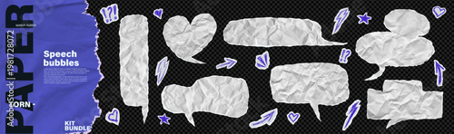 Crumpled paper speech bubble cloud bundle kit. Teenager rock punk chat balloon text box set. Rough empty memo page sticker collage idea sheet with pen drawn heart arrow star on like transparent png bg