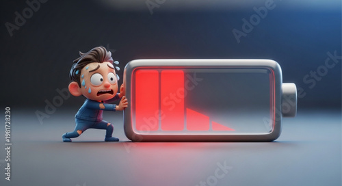 Cartoon character pushing a nearly empty battery icon.