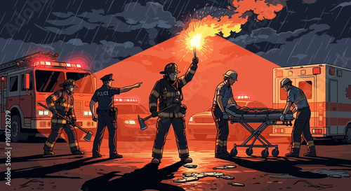 Emergency Responders Unite: Firefighter Flares, Ambulance, Police Car in Dramatic Rain