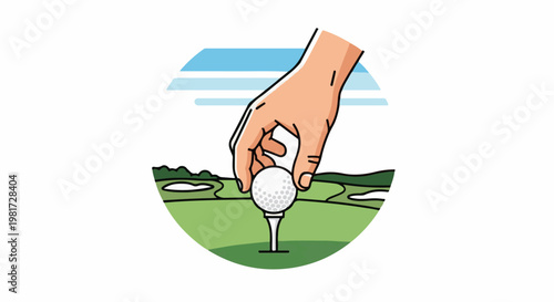 Hand placing golf ball on tee on a green course