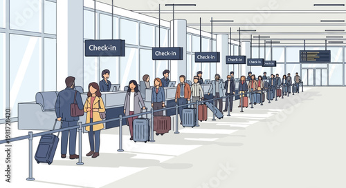 People queuing at airport check-in counters with luggage, travel concept illustration