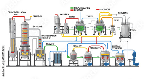 Petroleum Refinery Process Diagram: Crude Oil to Gasoline, Naphtha, Diesel & Chemicals