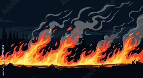 Forest fire illustration, flames engulfing trees and spreading smoke against dark night sky