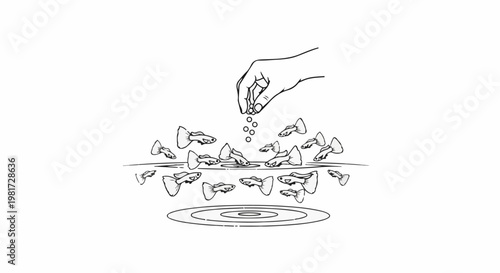 Hand scattering food over a school of guppies in water