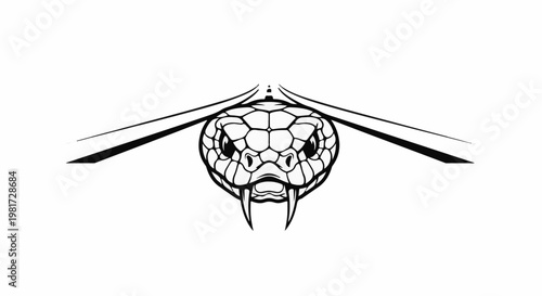 Fierce snake head with fangs confronts viewers, implying danger