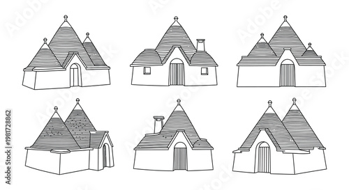 Line drawing of six traditional apulian trulli houses in a row