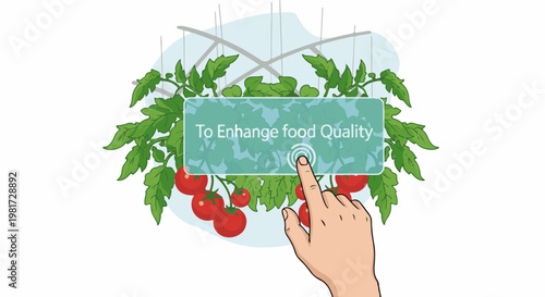 Hand touching screen with text "To Enhance food Quality" on tomato plant