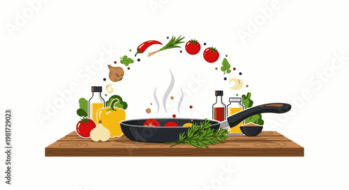 Food ingredients and cooking pan on wooden board