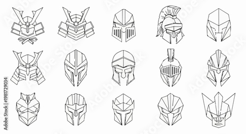 Fifteen warrior helmets, varied historical and futuristic designs, outlined